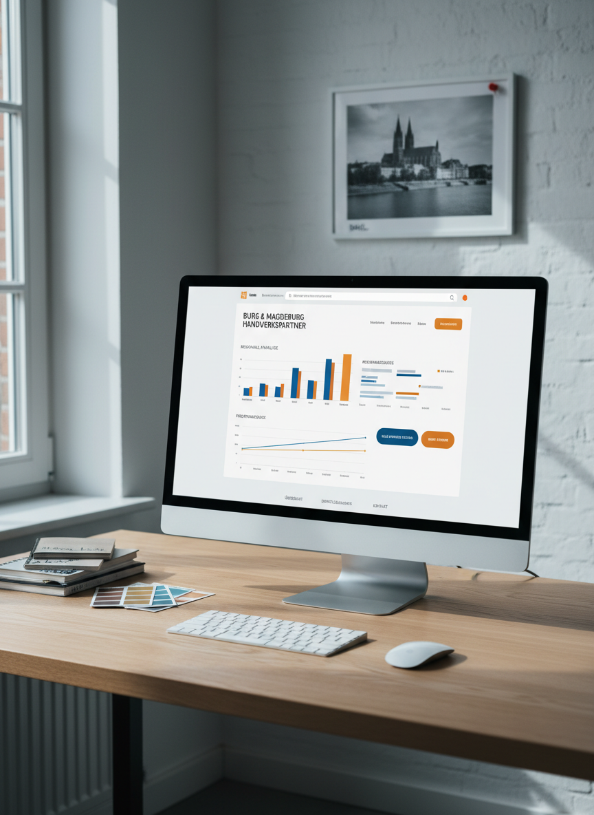 A large, frameless monitor on a tidy oak desk shows a vibrant website dashboard with analytics graphs, clear navigation, and bold call-to-action buttons tailored for a local business in Burg or Magdeburg. Beside it, a small stack of neatly labeled sketchbooks and color swatches suggests a thoughtful webdesign process without any human presence. Cool, diffused afternoon light from the side window illuminates the workstation, adding a soft glow to the screen and creating calm, elongated shadows. In the blurred background, subtle city elements like a distant Magdeburg skyline photo pinned to a wall reinforce the regional focus. Photographic realism, eye-level composition, and balanced framing create a confident, inviting mood for small companies considering a new website.