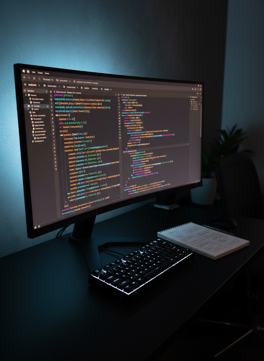 A dark-themed code editor fills a wide monitor, with clean HTML, CSS, and JavaScript lines highlighted in vivid syntax colors, representing the technical side of modern webdesign. The monitor rests on a matte black desk, accompanied by a minimalist mechanical keyboard and a simple notebook open to hand-drawn wireframes of a business website. Gentle, focused LED strip lighting behind the monitor casts a cool blue halo on the wall, while the rest of the room remains subtly dim, creating a concentrated, tech-savvy atmosphere. Photographic realism from a three-quarter angle emphasizes depth, with sharp focus on the code and a slight blur on the background, suggesting precision, structure, and the invisible work behind polished websites for local enterprises.
