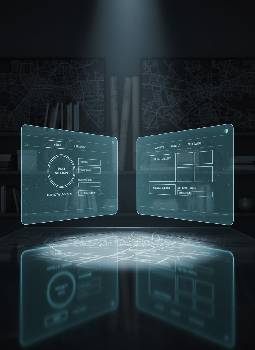 A pair of large, semi-transparent holographic website wireframes hover above a reflective glass table, each showing different page layouts for a local restaurant and a service business from Burg or Magdeburg. Interface elements like navigation bars, image placeholders, and contact forms glow softly in light blues and teals. The surrounding environment is a dark, minimalist studio with barely visible shelves holding design books and subtle city maps. A single overhead light creates a focused pool of illumination on the holograms and table surface, producing gentle reflections and crisp edges. Photographic realism blended with a futuristic, conceptual style, captured from a slightly low angle, conveys innovation, strategic planning, and the creative phase of crafting tailored websites.
